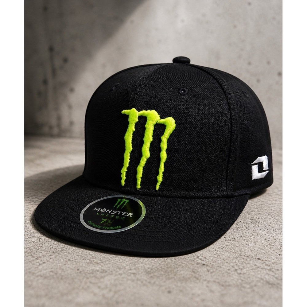 Monster Energy Snapback Hat Black Neon Logo Flat Brim Cap 7 1/4 New